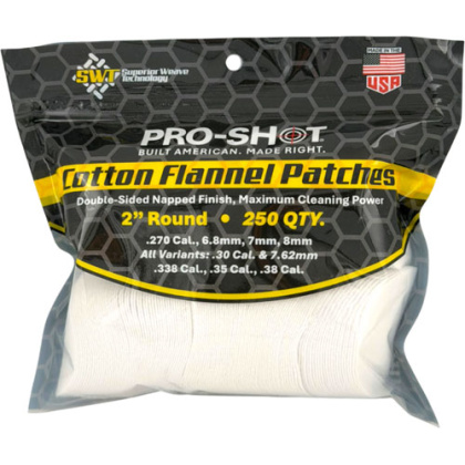 PRO SHOT CLEANING PATCH COTTON FLANNEL .270-.38 2" 250CT